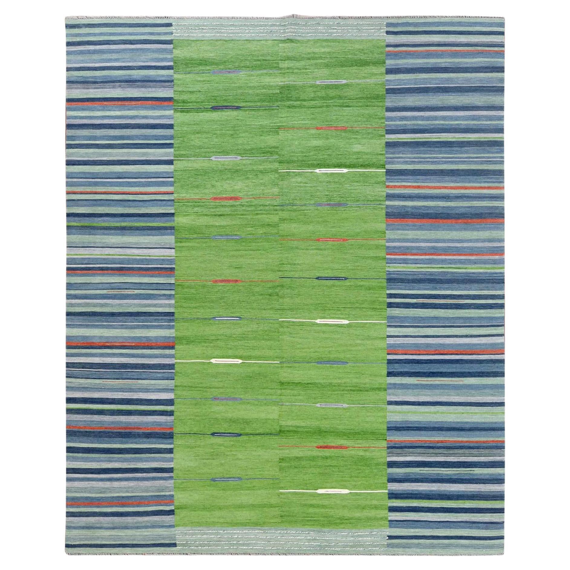 8'3 "x10'1" Tapis réversible Kilim en pure laine tissé à la main à motif de rayures et à tissage plat