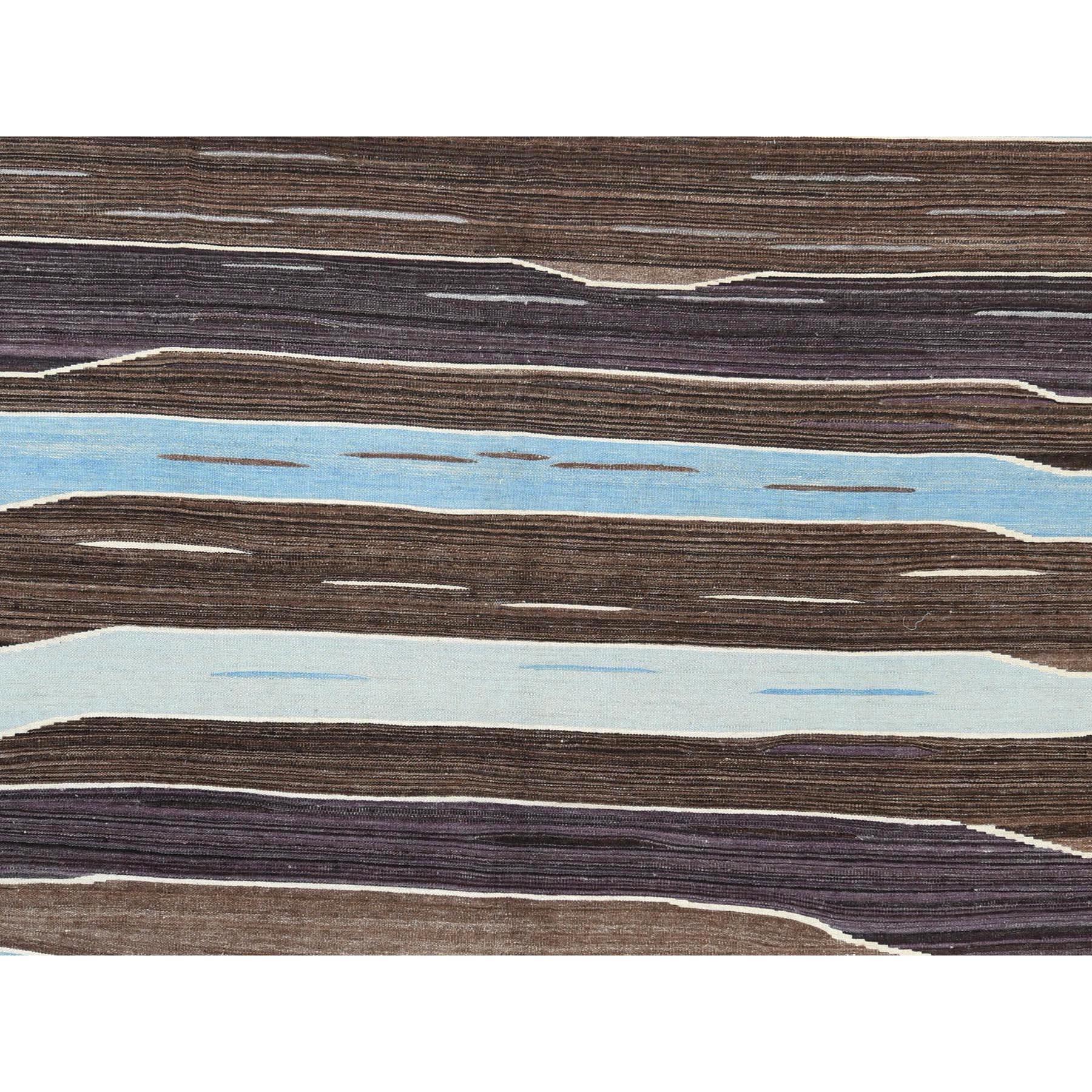 This is a truly genuine one-of-a-kind Brown And Blue Mountain Design Flat Weave Kilim Natural Wool Reversible Hand Woven Oriental Rug. It has been Woven for months and months in the centuries-old weaving craftsmanship techniques by expert