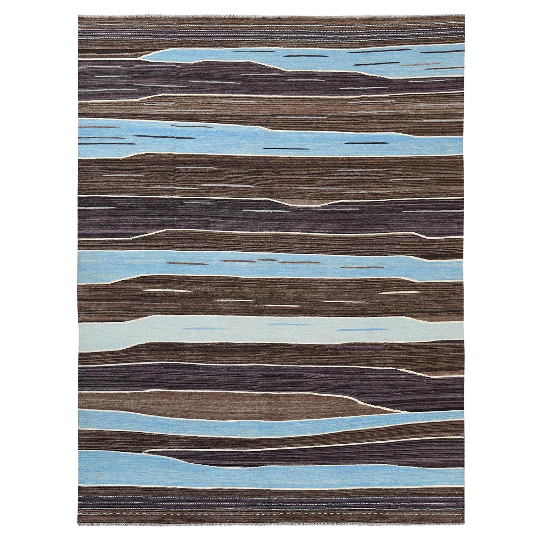 8'3"x10'2" Brown And Blue Mountain Design Flat Weave Kilim Wool Reversible Rug