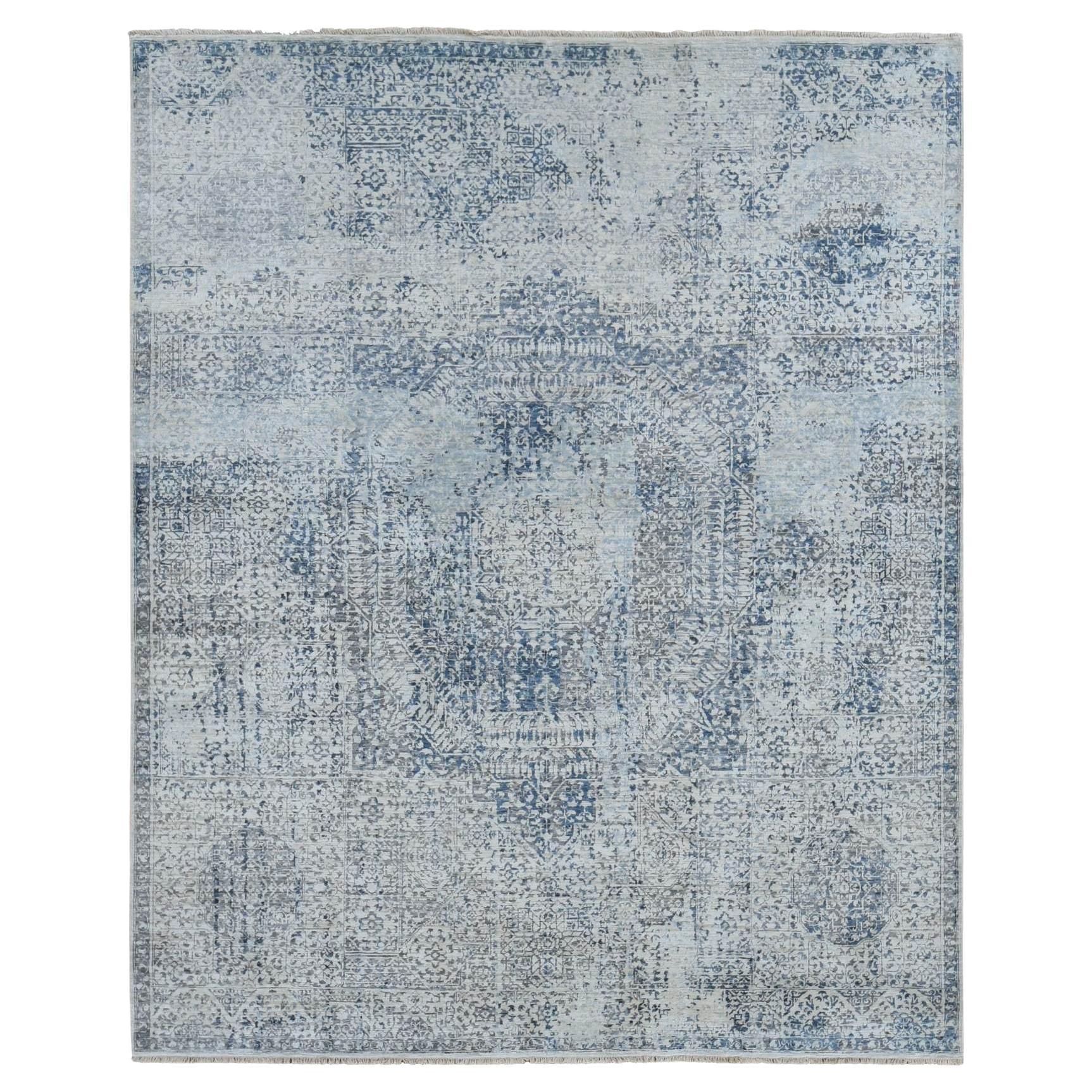 8'3 "x10'2" Cloud Gray Pure Silk Broken and Erased Design Tapis noué à la main