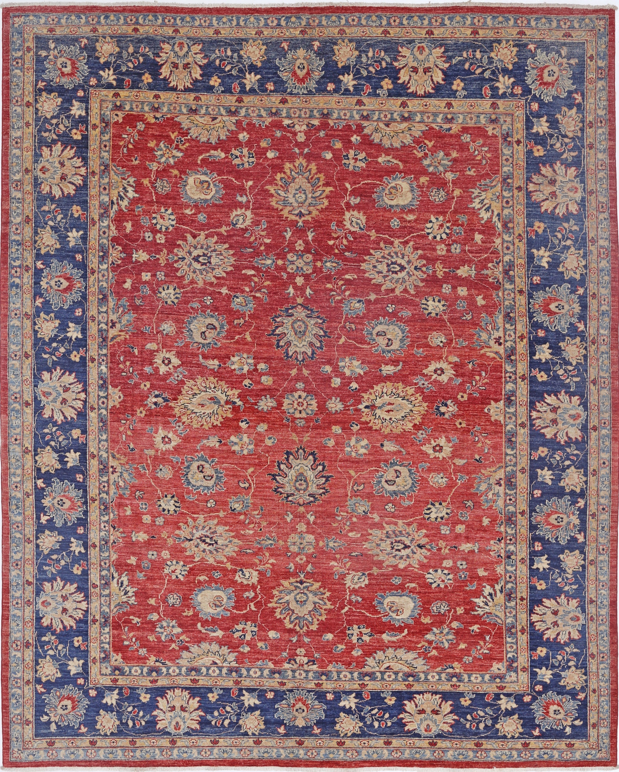 8.3x10.2 ft Hand Knotted Area Rug in Navy Blue and Red. Floral Wool Carpet