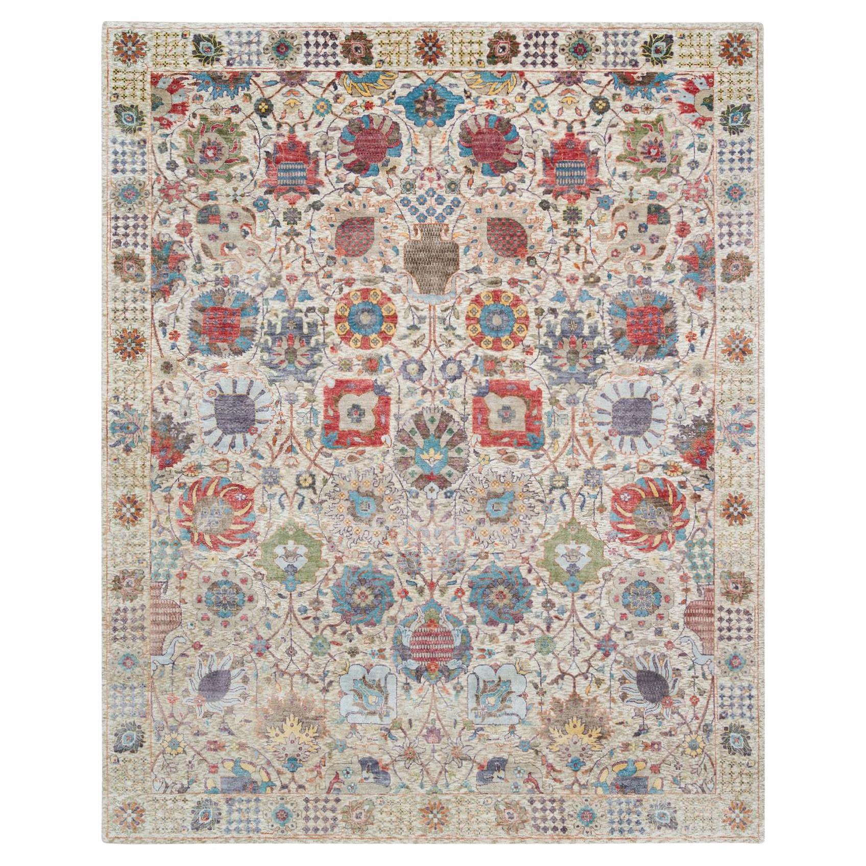 8
3 "x10
3" Avorio Vaso Tabriz annodato a mano con disegno floreale Seta con Tappeto di Lana