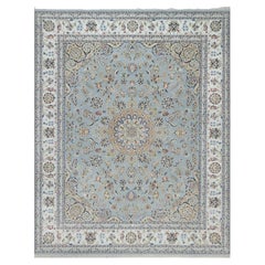 8'3"x10'4" Light Blue Wool & Silk Nain with Medallion Design Hand Knotted Rug