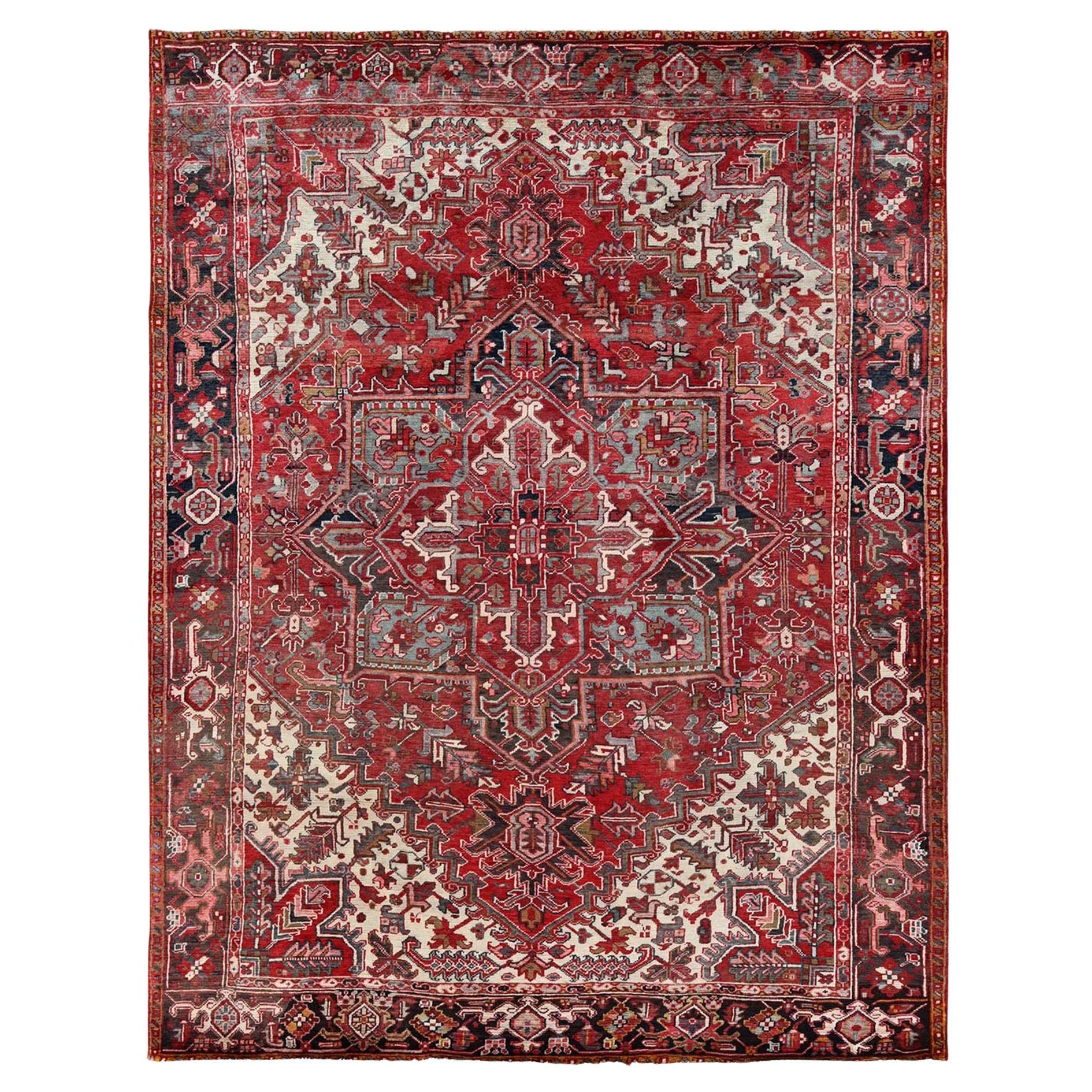8'3 "x10'8" Rojo Carmesí Vintage Persa Heriz Alfombra Oriental de Lana Pura Anudada a Mano