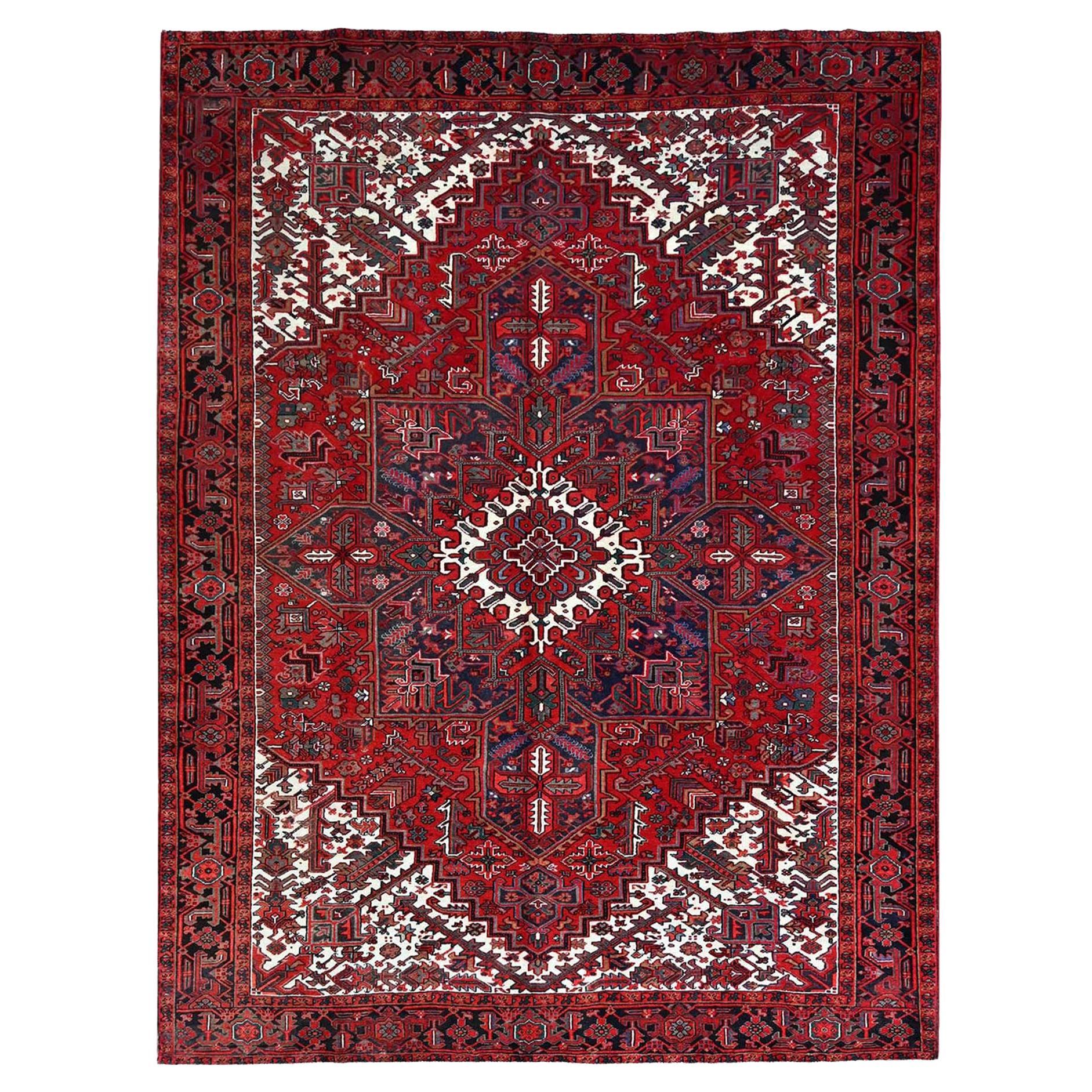 8'3 "x11' Alfombra anudada a mano de pura lana Persa Heriz Vintage Nomad Art Rojo Lujoso