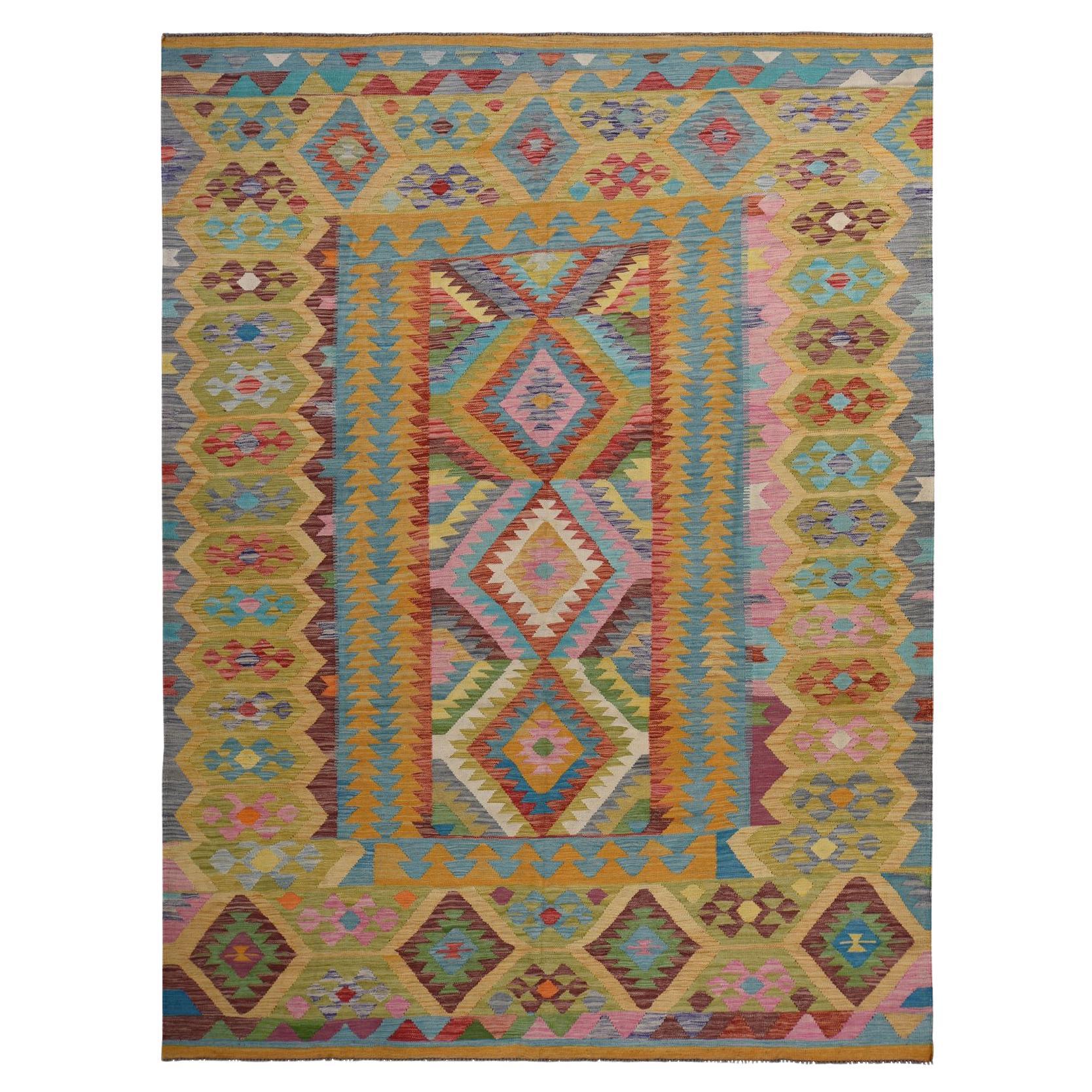 8'3 "x11'2" Rug & Kilim afgano verde con disegni geometrici colorati, tessuto a mano in pura lana in vendita