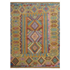 8'3 "x11'2" Rug & Kilim afgano verde con disegni geometrici colorati, tessuto a mano in pura lana