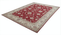 8.3x11.3 ft Hand Knotted Floral Turkish Wool Rug. Red and Beige Oushak Carpet