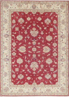 8.3x11.3 ft Hand Knotted Floral Turkish Wool Rug. Red and Beige Oushak Carpet