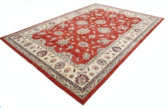 8.3x11.7 ft Handmade Red Area Rug with Ivory Border, Traditional Floral Carpet