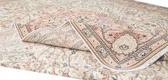 8.3x12 Ft Vintage Hand-Knotted Turkish Wool Rug – Large Ivory and Peach Carpet