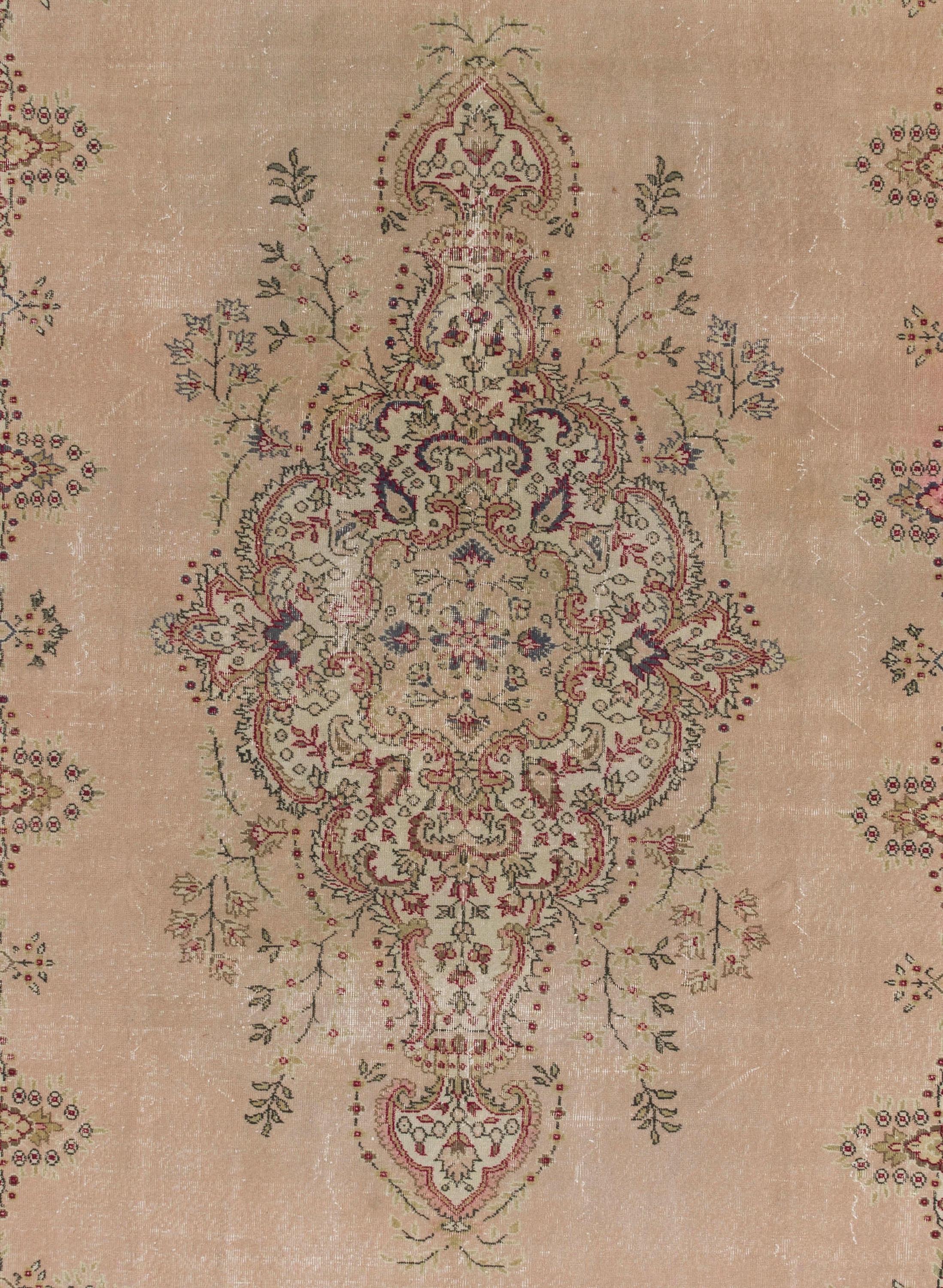 8.2x12.6 ft Fine Vintage Floral Turkish Wool Rug in Pastel Pale Pink Color In Good Condition In Philadelphia, PA