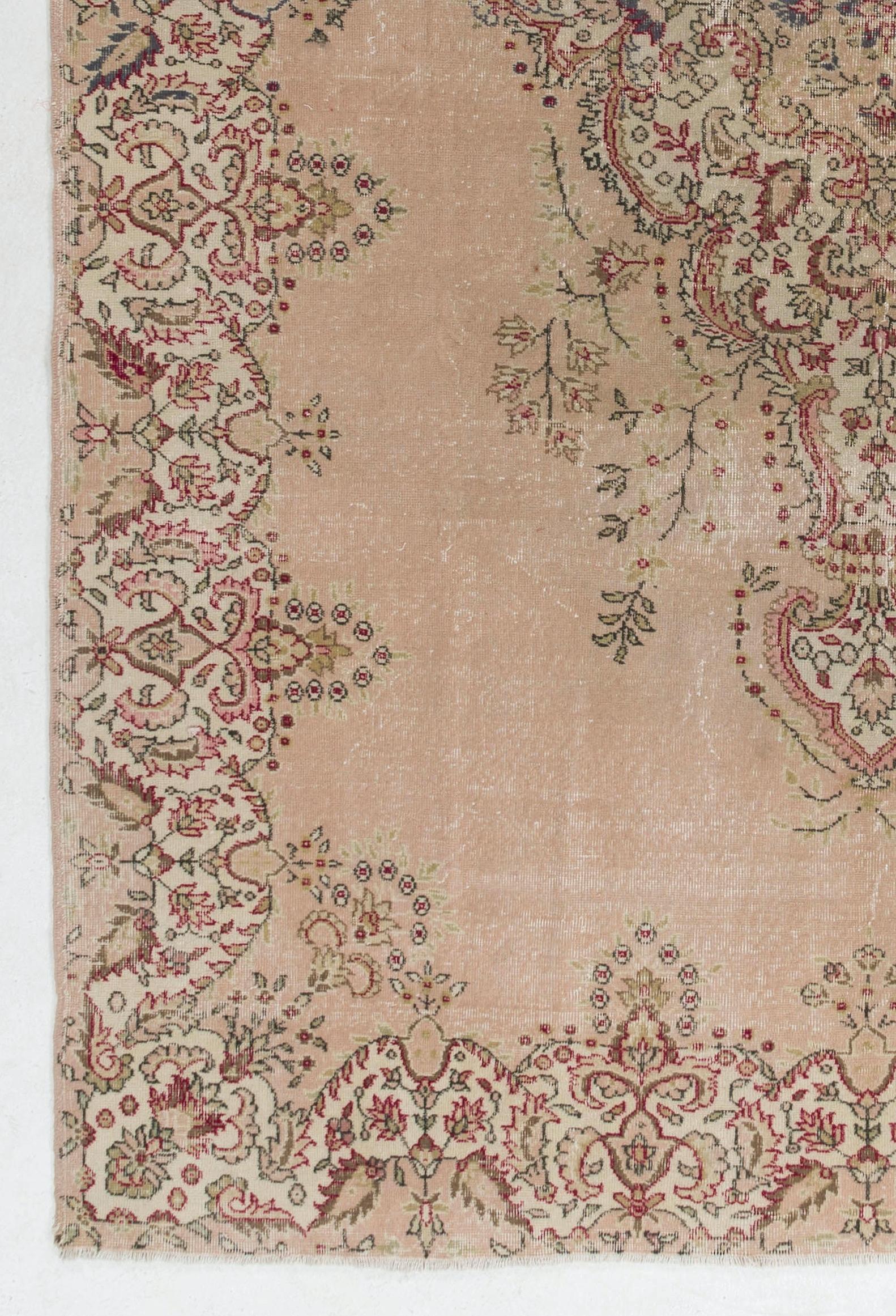20th Century 8.2x12.6 ft Fine Vintage Floral Turkish Wool Rug in Pastel Pale Pink Color