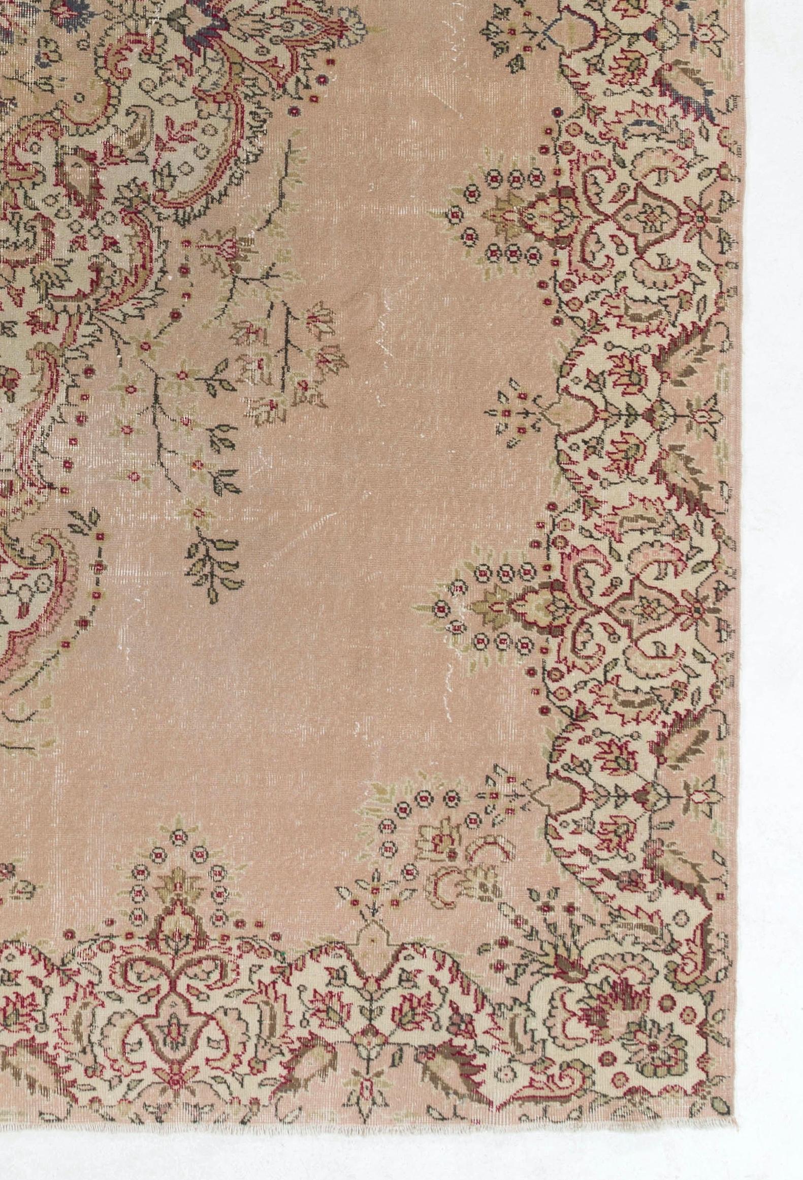 8.2x12.6 ft Fine Vintage Floral Turkish Wool Rug in Pastel Pale Pink Color 1
