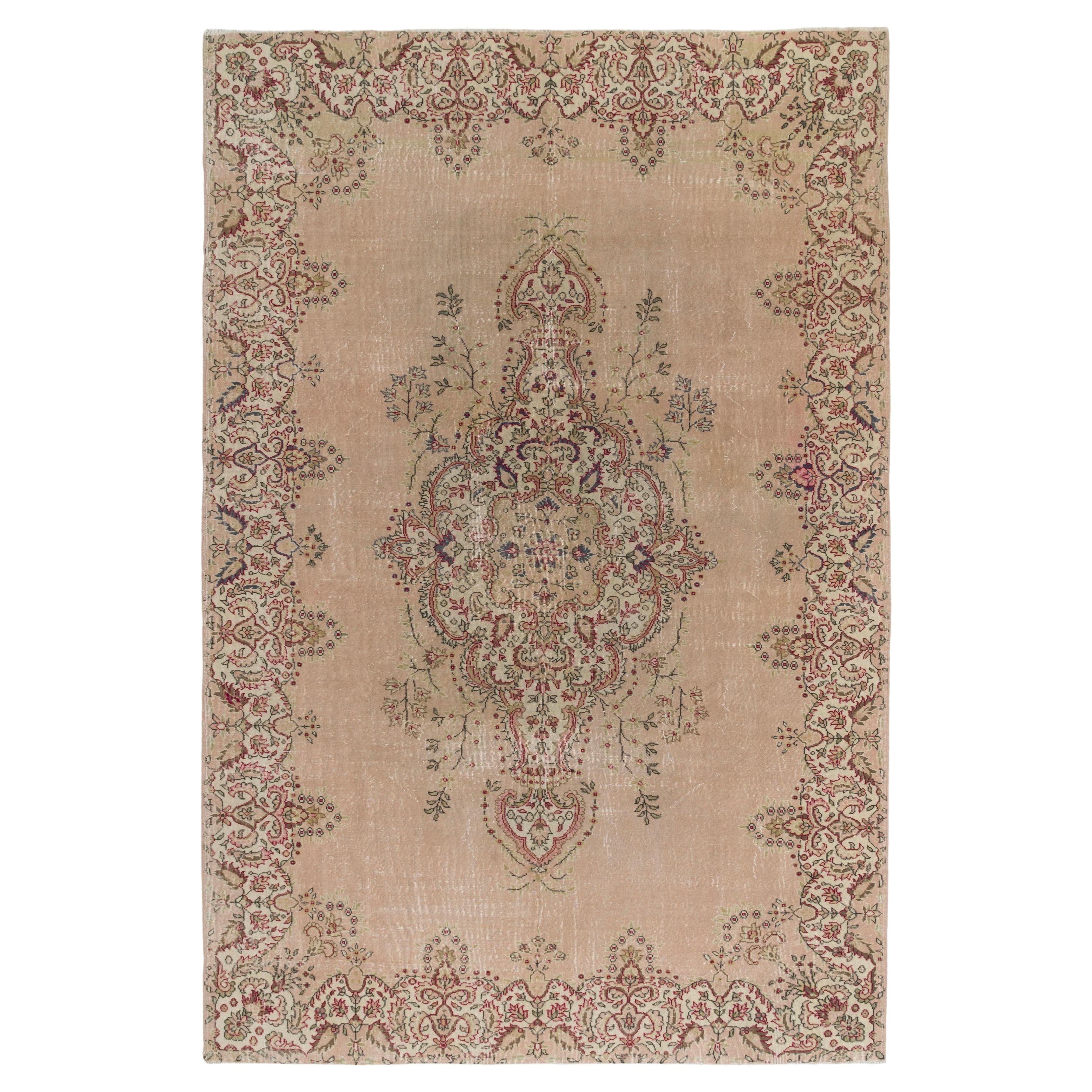 8.2x12.6 ft Fine Vintage Floral Turkish Wool Rug in Pastel Pale Pink Color