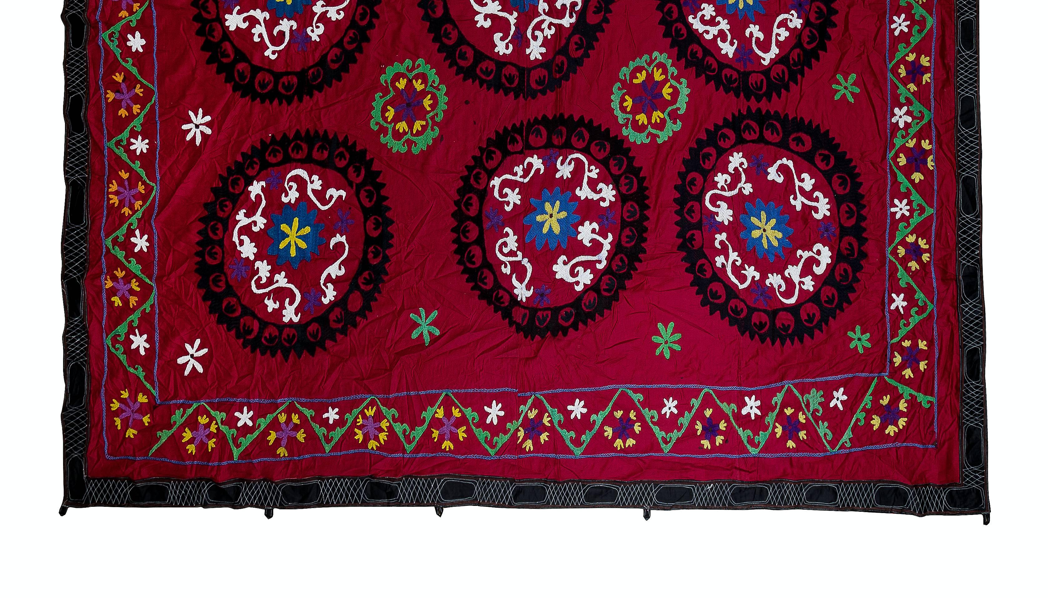 Uzbek 8.3x8.3 Ft Vintage Silk Embroidery Bedspread, Central Asian Suzani Bed Cover For Sale