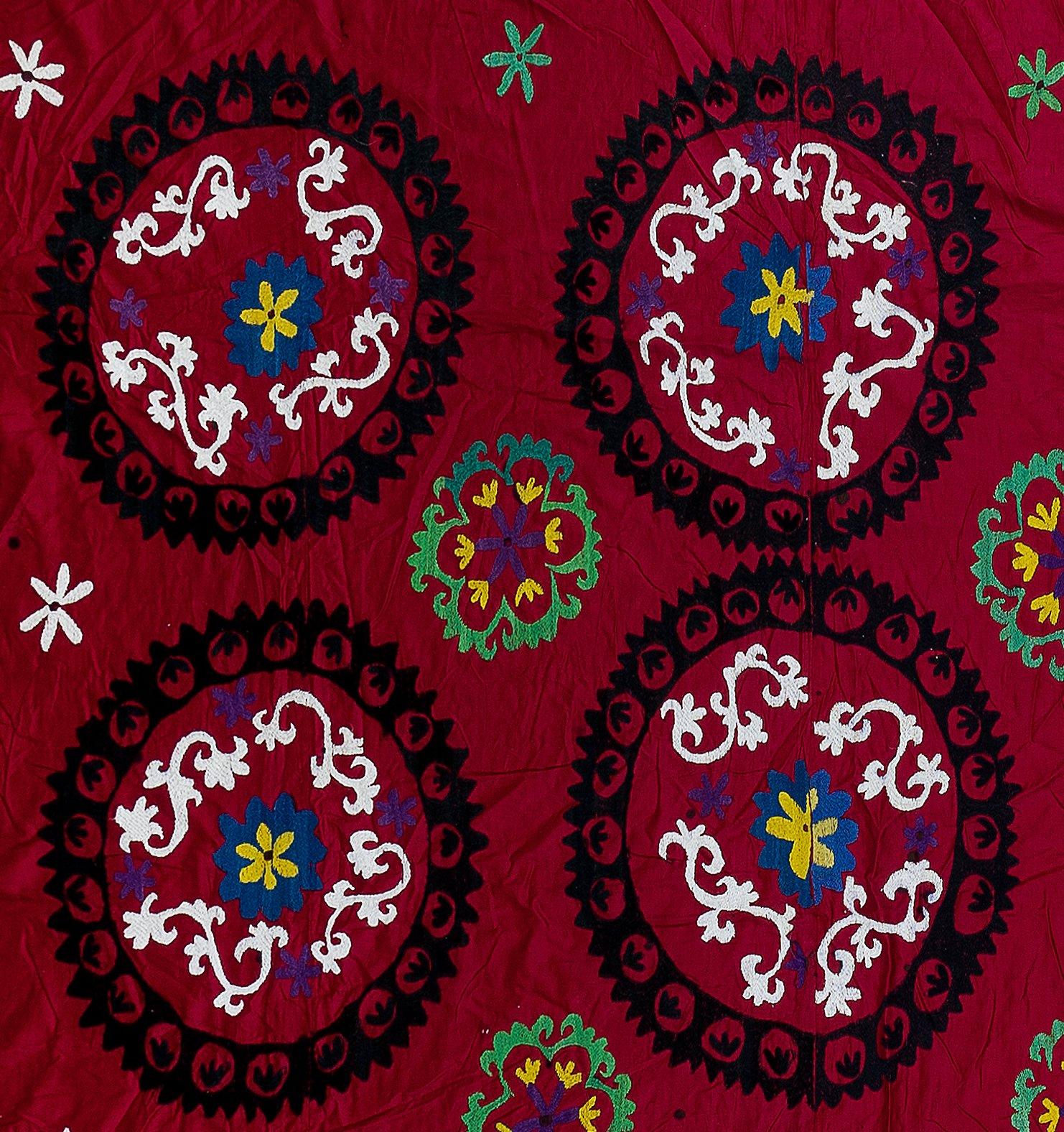 Embroidered 8.3x8.3 Ft Vintage Silk Embroidery Bedspread, Central Asian Suzani Bed Cover For Sale