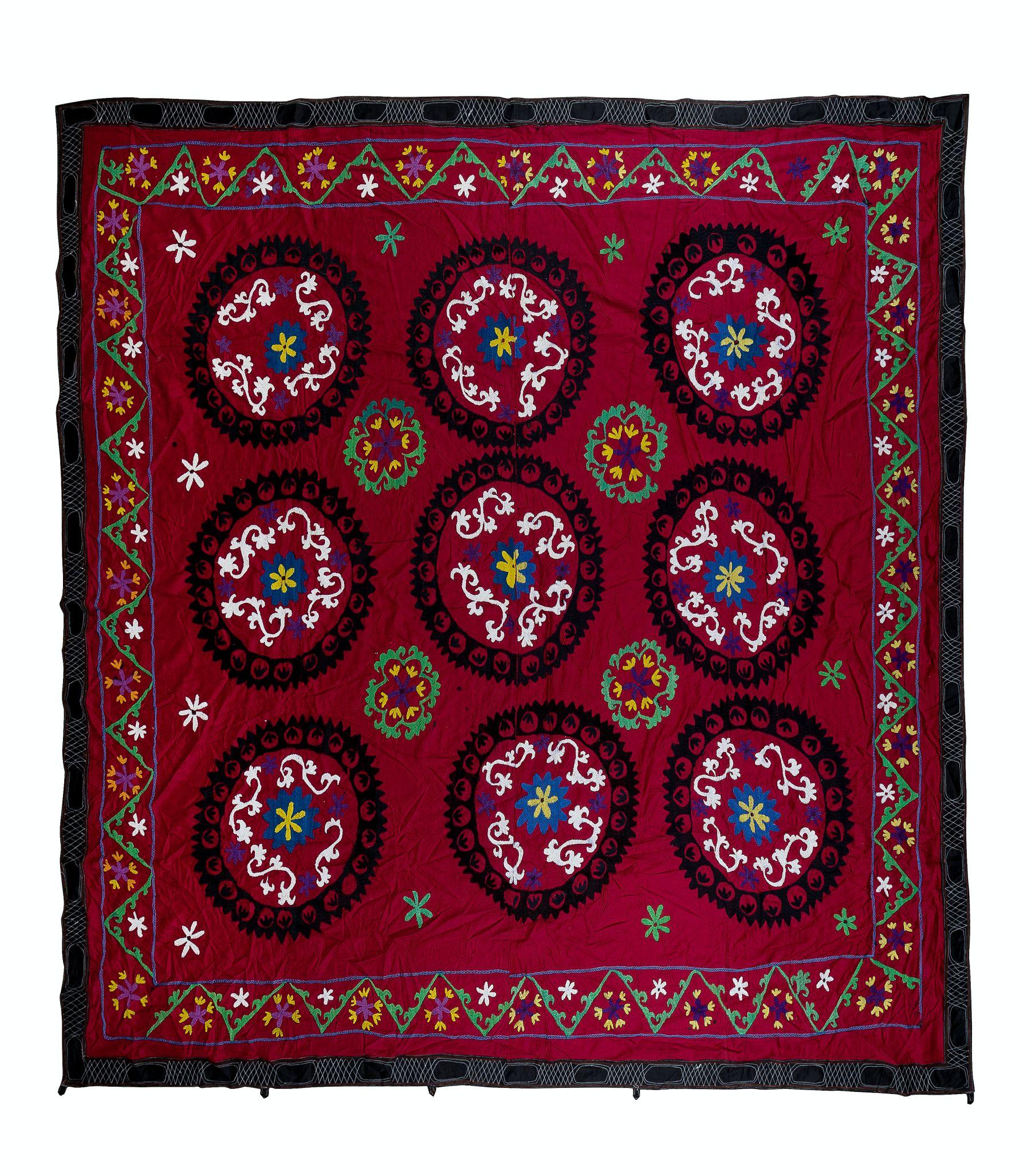 8.3x8.3 Ft Vintage Silk Embroidery Bedspread, Central Asian Suzani Bed Cover For Sale