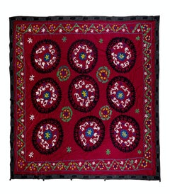 8.3x8.3 Ft Retro Silk Embroidery Bedspread, Central Asian Suzani Bed Cover