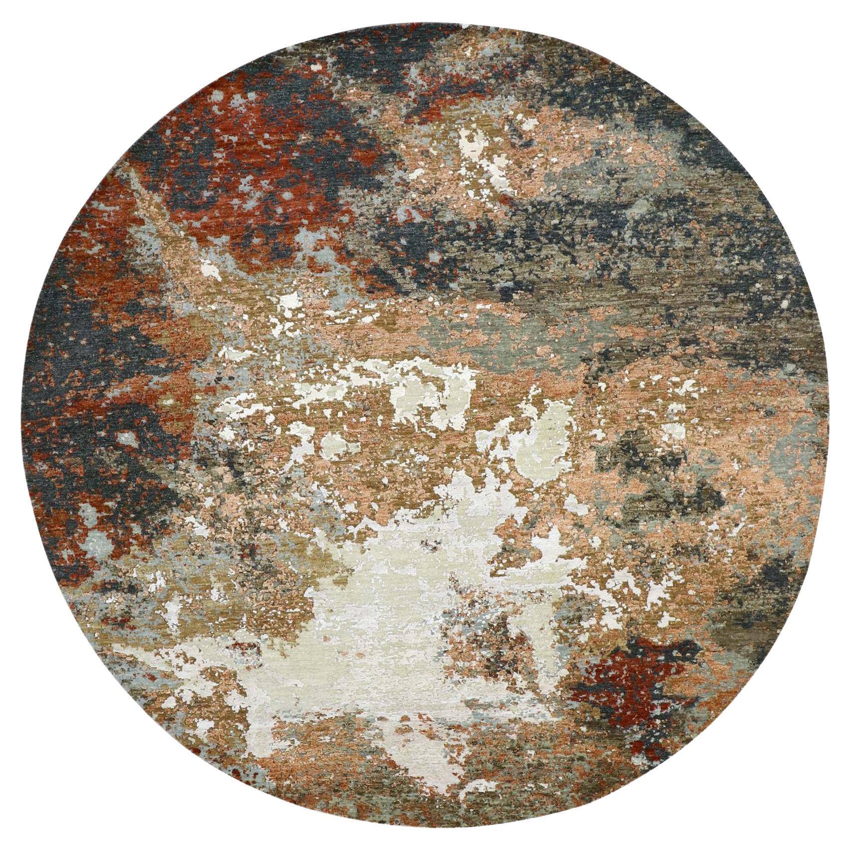 Tappeto rotondo in lana 8'3 "x8'3" grigio-beige astratto con design Galaxy annodato a mano