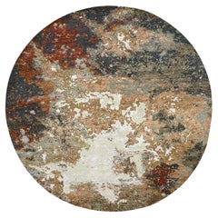 8'3 "x8'3" Tapis rond en laine nouée à la main, abstrait gris-beige avec design galaxie