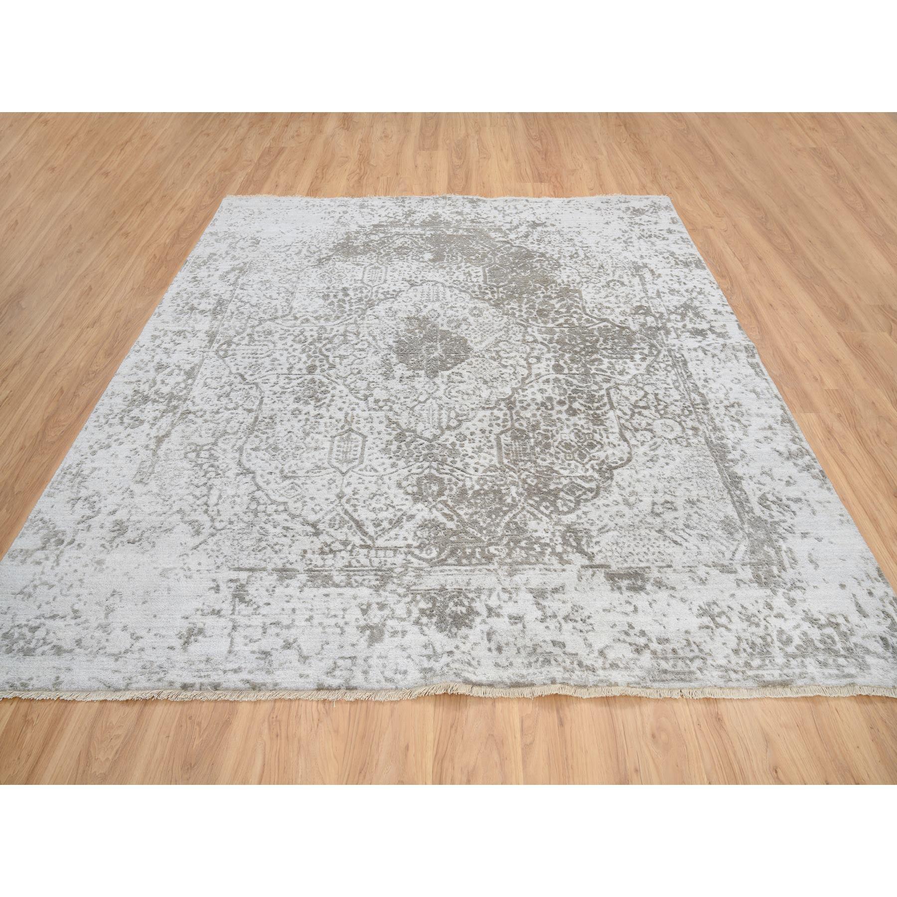 Gray, Broken Persian Design, Hand Knotted Wool and Pure Silk, Square Oriental Rug
Primary materials: Wool & Pure Silk
Latex: No Pile 
height: 0.25 Inches
Style: Transitional
Primary color: Grey
Pattern: Oriental