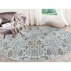 8'3"x8'3" Gray Peshawar With Folk Art Cypress Tree Design Shiny Wool Rug