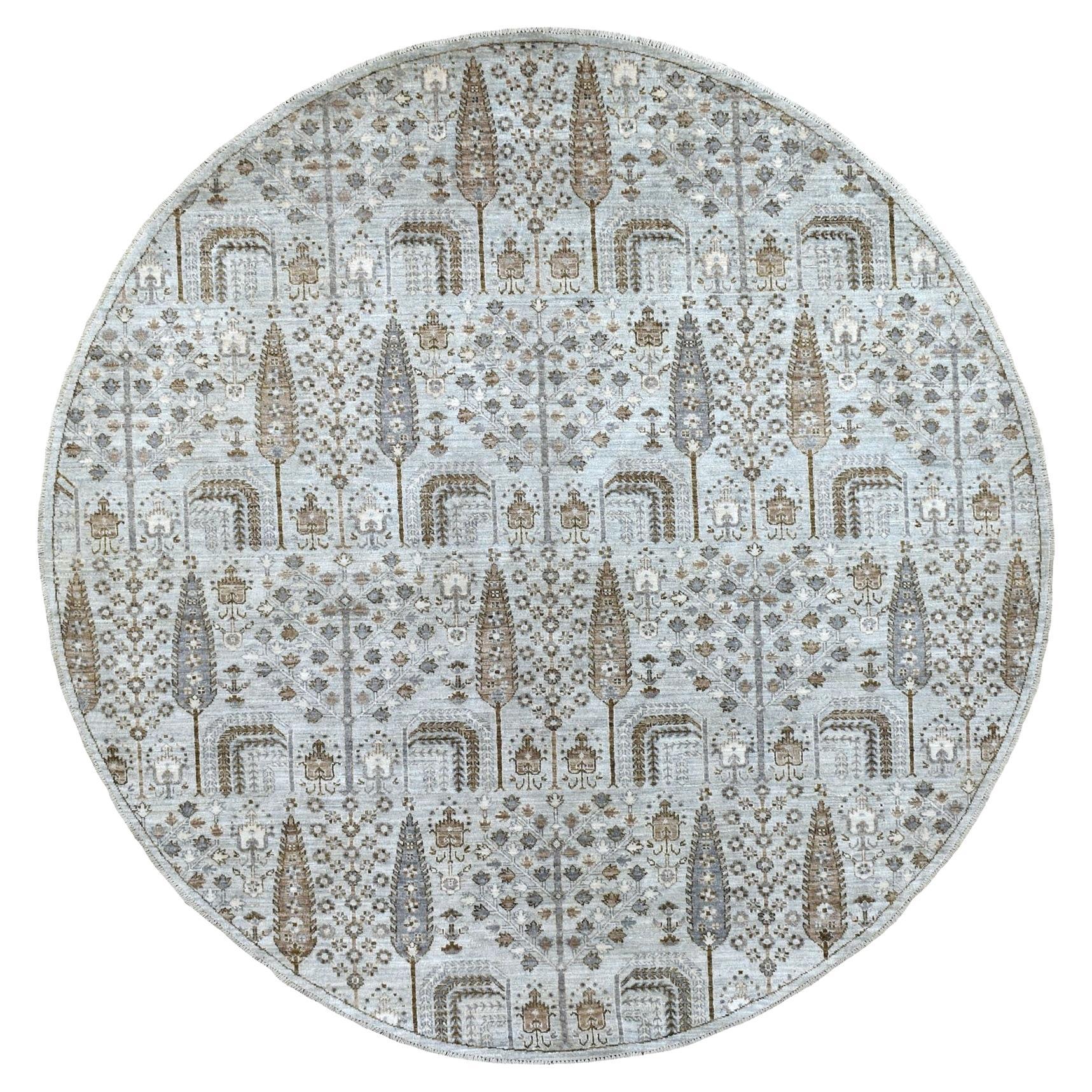 8
3"x8
3" Gray Peshawar With Folk Art Cypress Tree Design Shiny Wool Rug