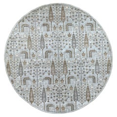 8
3"x8
3" Gray Peshawar With Folk Art Cypress Tree Design Shiny Wool Rug