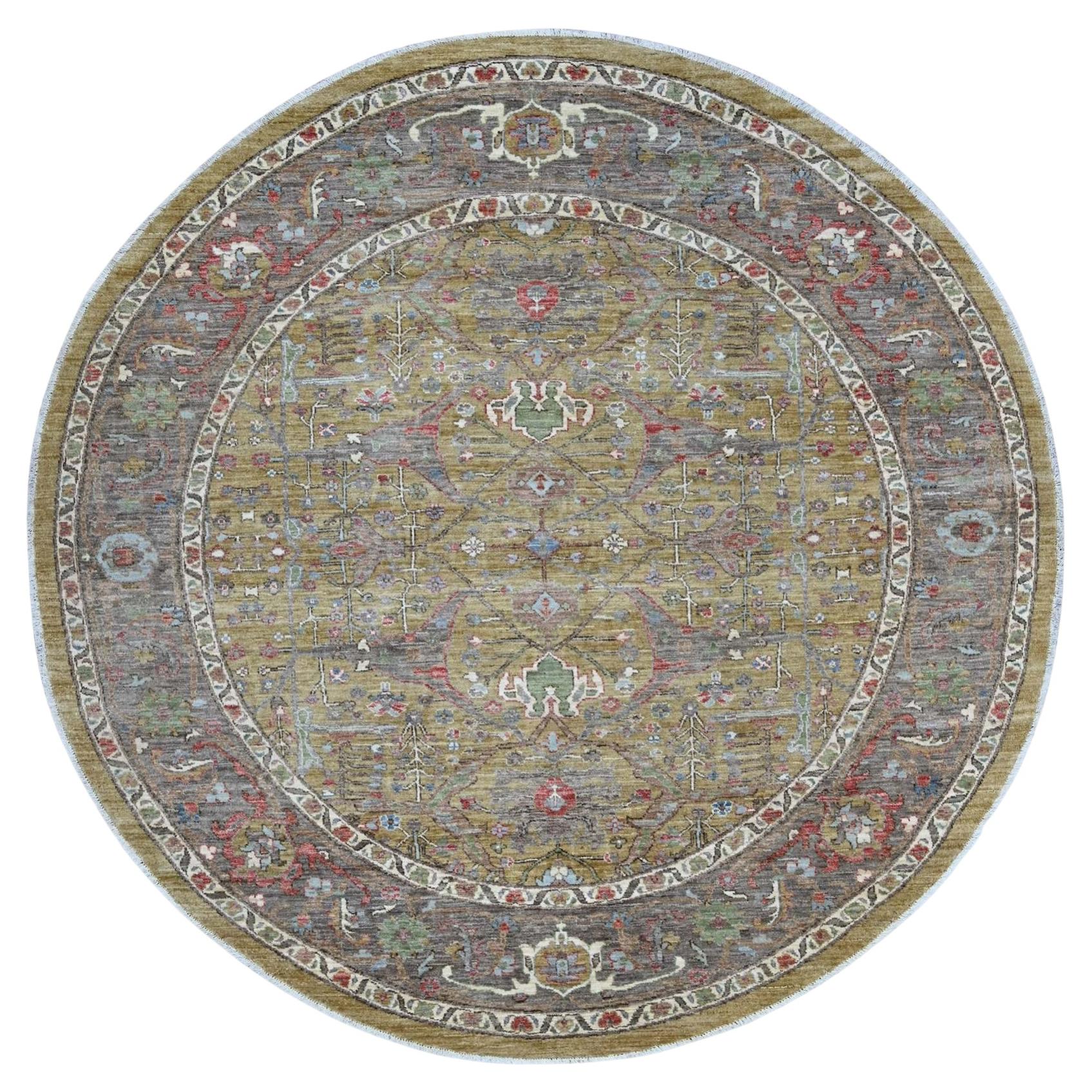 8'3"x8'3" Green Peshawar with Bijar Garus Design Hand Knotted Wool Round Rug