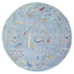 8'3"x8'3" Little Boy Blue, Afghan Peshawar, tapis rond en laine biologique noué à la main