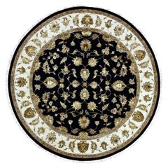 8'3"x8'3" Midnight Black, Hand Knotted, Rajasthan, Wool and Silk, Round Rug
