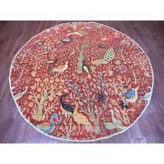 8'3"x8'3" Red Peshawar Birds of Paradise Design Hand Knotted Soft Wool Round Rug