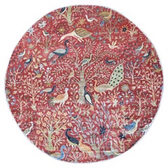 8'3"x8'3" Red Peshawar Birds of Paradise Design Hand Knotted Soft Wool Round Rug