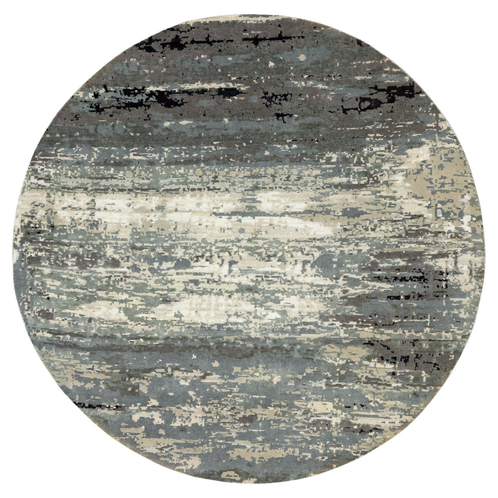 8
3"x8
3" Taupe Abstract Design Wool and Silk Hi-Low Pile Hand Knotted Round Rug For Sale