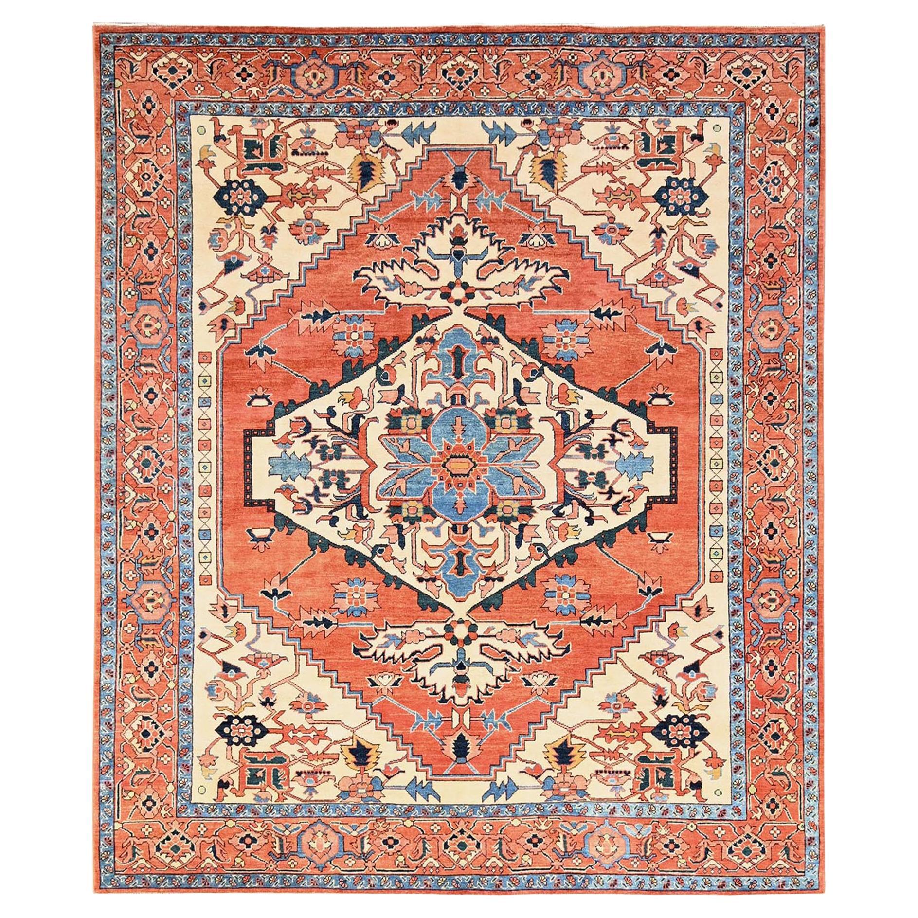 8
3"x9
10" Orange Afghan Peshawar with Serapi Heriz Design Hand Knotted Wool Rug