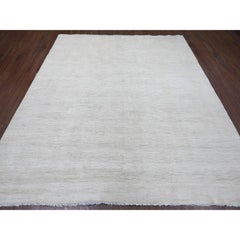 8'3"x9'3" Ivory Plain Solid Pattern Hand Knotted Hand Spun Ghazni Wool Rug
