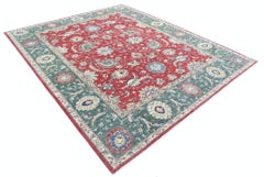 8.3x9.7 ft Handmade Floral Area Rug in Rot & Grün. Türkischer Oushak-Wollteppich
