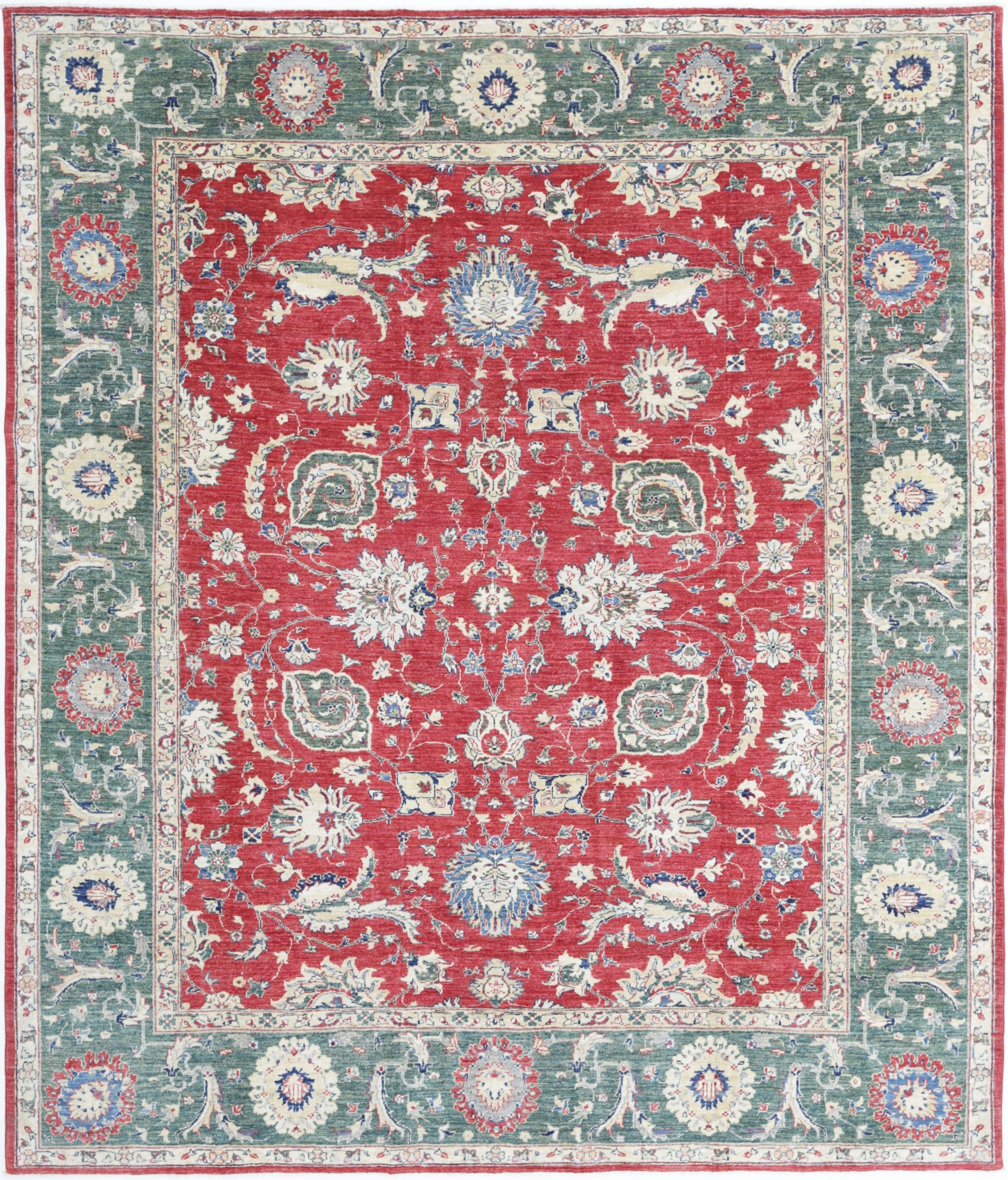 8.3x9.7 ft Handmade Floral Area Rug in Red & Green. Turkish Oushak Wool Carpet