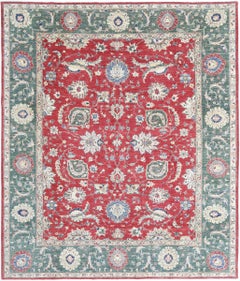 8.3x9.7 ft Handmade Floral Area Rug in Red & Green. Turkish Oushak Wool Carpet