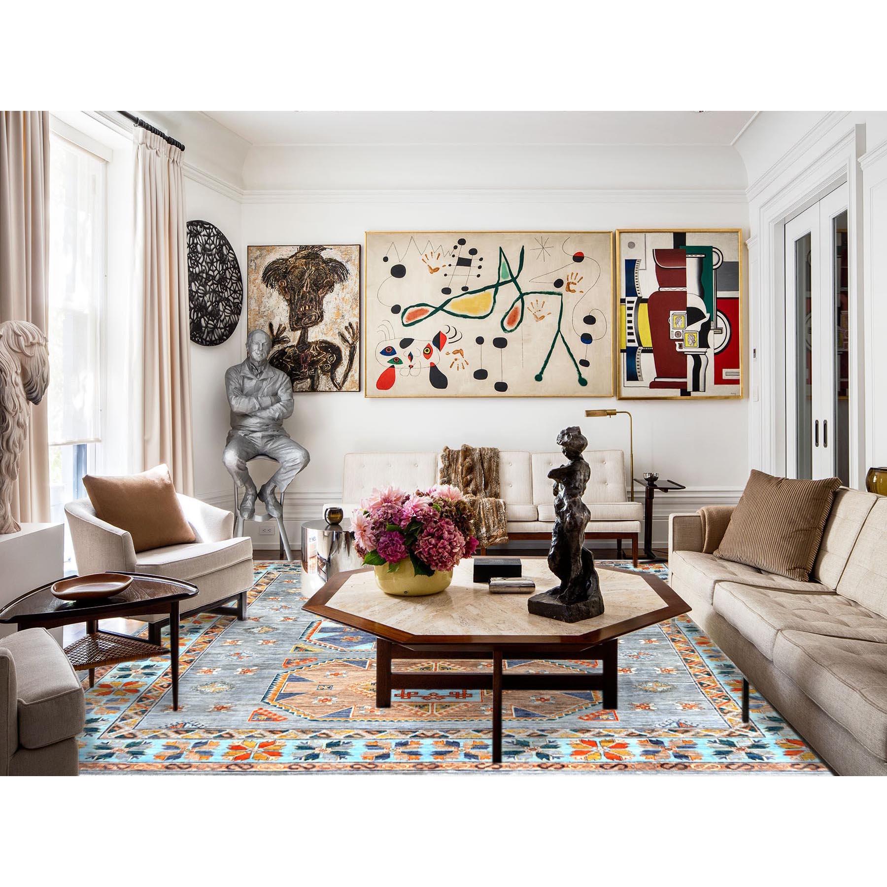 This is a truly genuine one-of-a-kind Silver Gray, Dense Weave Organic Wool, Hand Knotted Armenian Inspired Caucasian Design, 200 KPSI Vegetable Dyes, Oriental Rug. It has been Knotted for months and months in the centuries-old weaving craftsmanship