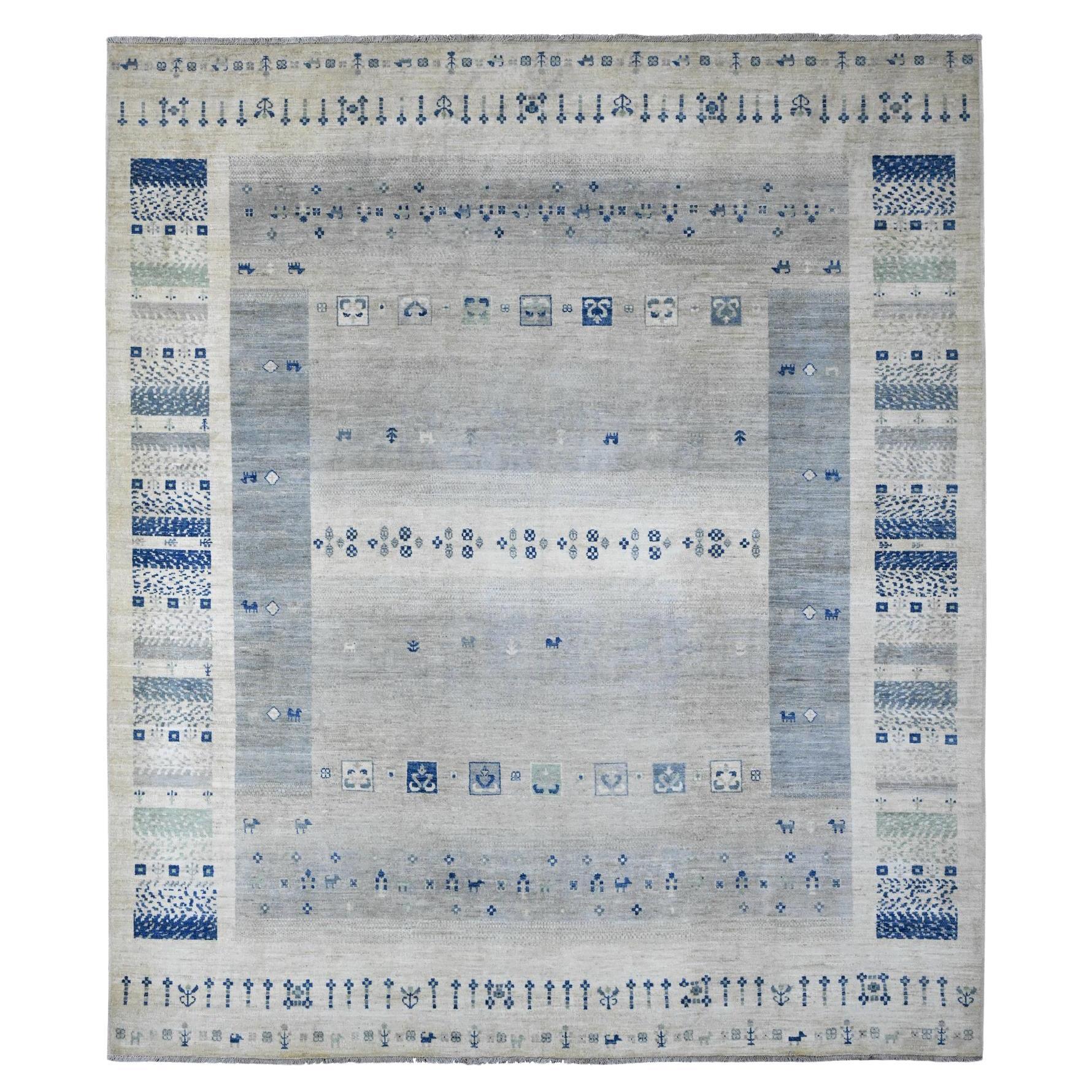 8'3"x9'7" White Fine Kashkuli Gabbeh Animal Figurines Hand Knotted Soft Wool Rug