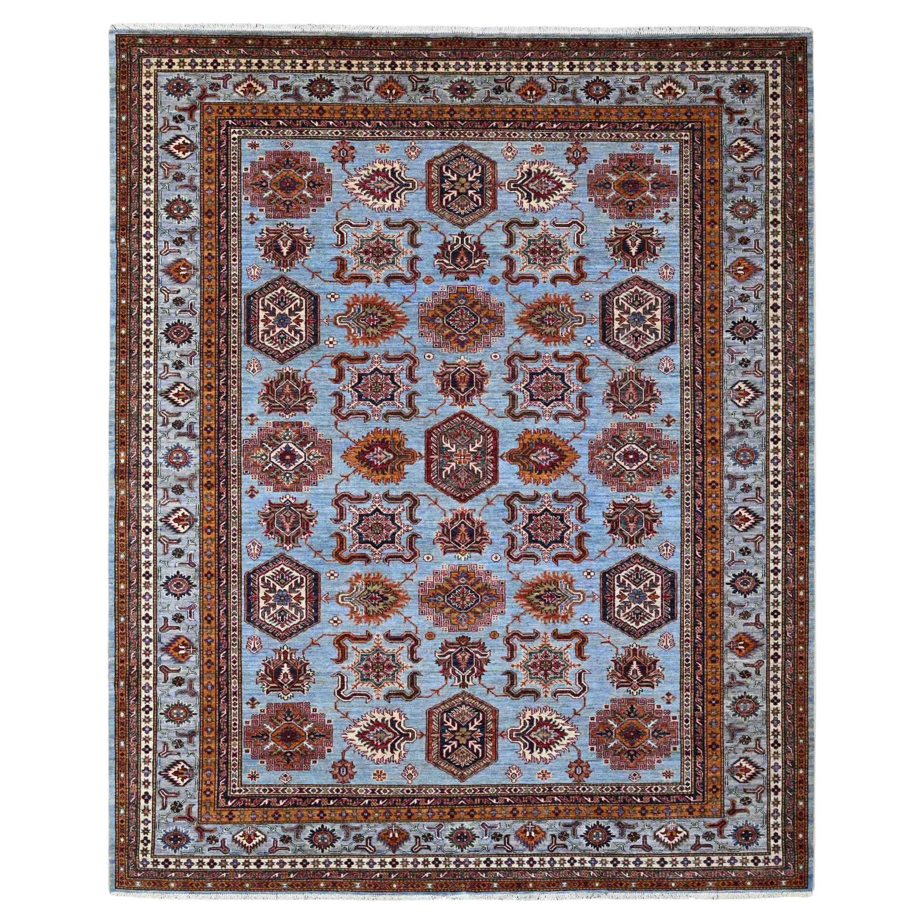 8'3 "x9'8" Bleu lagon Afghan Super Kazak Tapis oriental en laine douce noué à la main