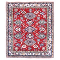 8'3"x9'8" Red Kazak with Medallions Design Hand Knotted Soft Wool Oriental Rug
