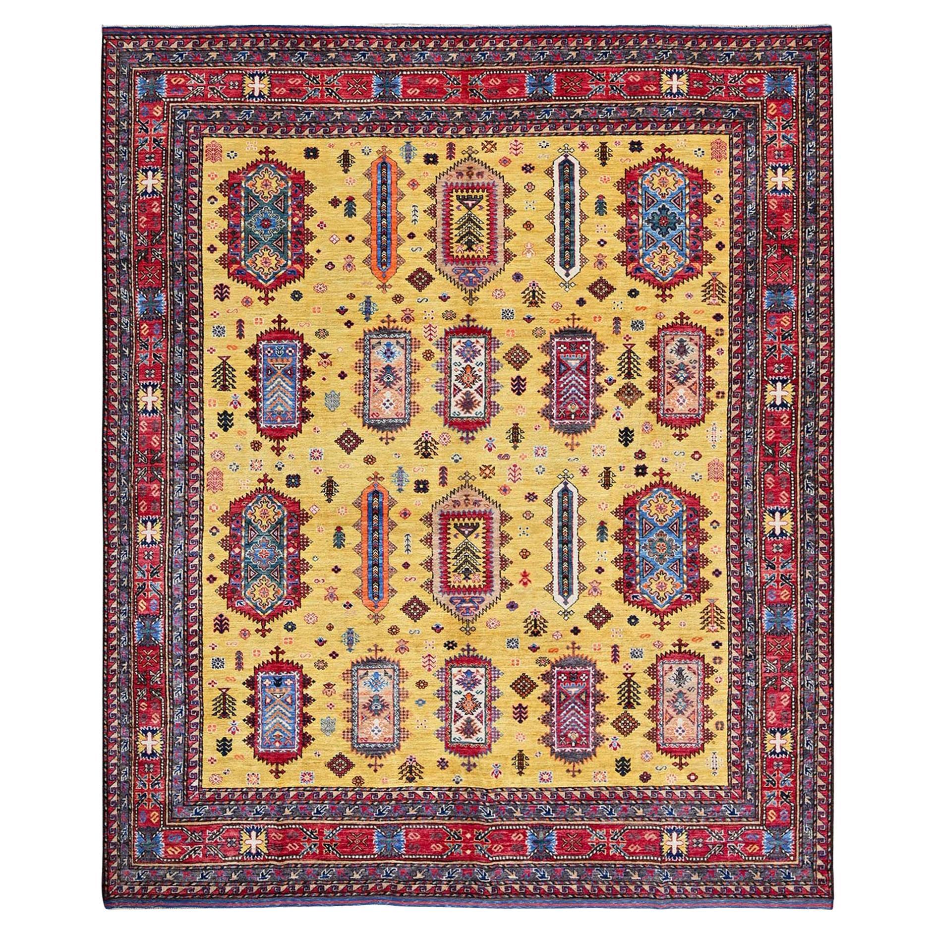 8'3 "x9'8" Jaune Afghan Ersari avec nœud turc Tapis en laine douce noué à la main en vente