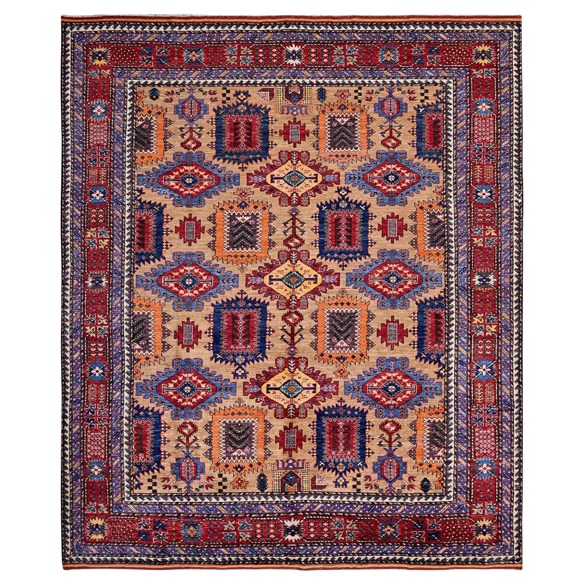 Tappeto afgano beige Ersari Caucaso Design Revival annodato a mano interamente in lana 8'3 "x9'9"