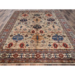 8'3"x9'9" Beige Hand Knotted Afghan Super Kazak Pure Wool Oriental Rug