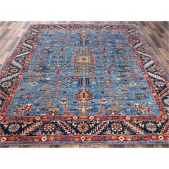 8'3"x9'9" Blue Afghan Peshawar with Heriz All Over Design Hand Knotted Wool Rug