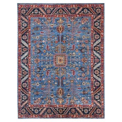8'3"x9'9" Blue Afghan Peshawar with Heriz All Over Design Hand Knotted Wool Rug