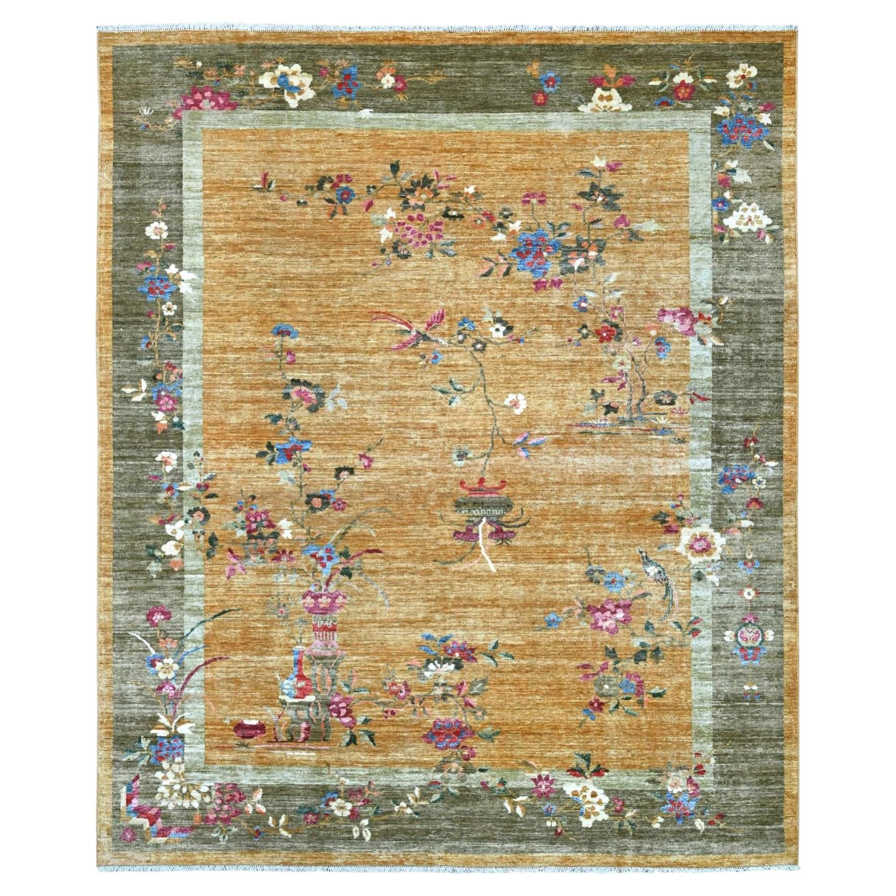 8'3 "x9'9" Brown Chinese Art Deco Inspired Peshawar Hand Knots Rugs en laine douce